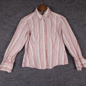 Ann Taylor Petites Striped Button Down Shirt Red Pink White Long Sleeve Size 8P